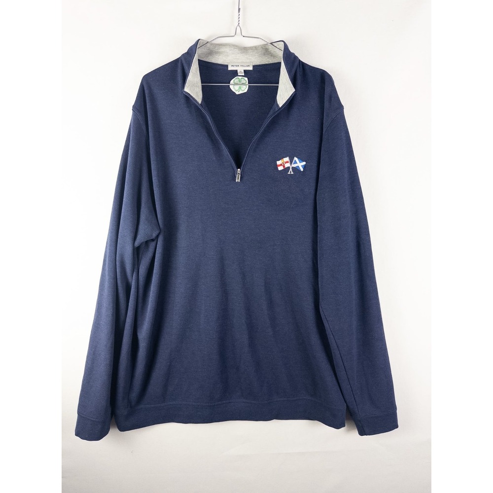 Peter Millar Mens Quarter Zip Pullover Navy Golf Ireland Scotland Flags Sz XL